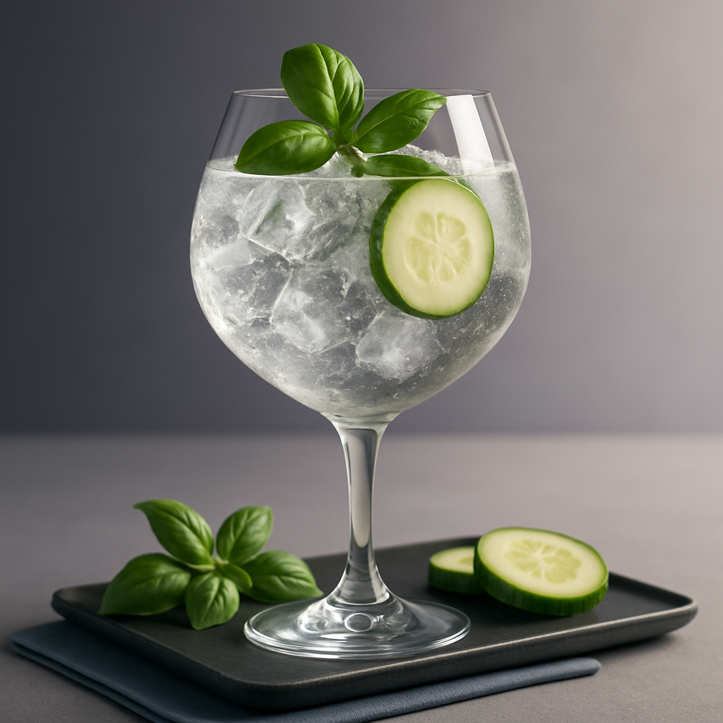 Gemblue Gin served with Fentimans Valencian Orange Tonic Water, garnished with thin cucumber slice and fresh basil sprig