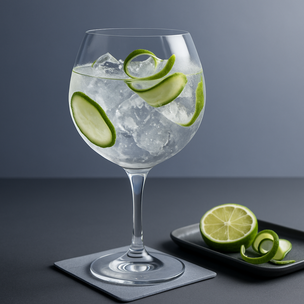 Gemblue Gin Bartender served with Fever-Tree Mediterranean Tonic Water, garnished with thin cucumber ribbon and twist of lime zest