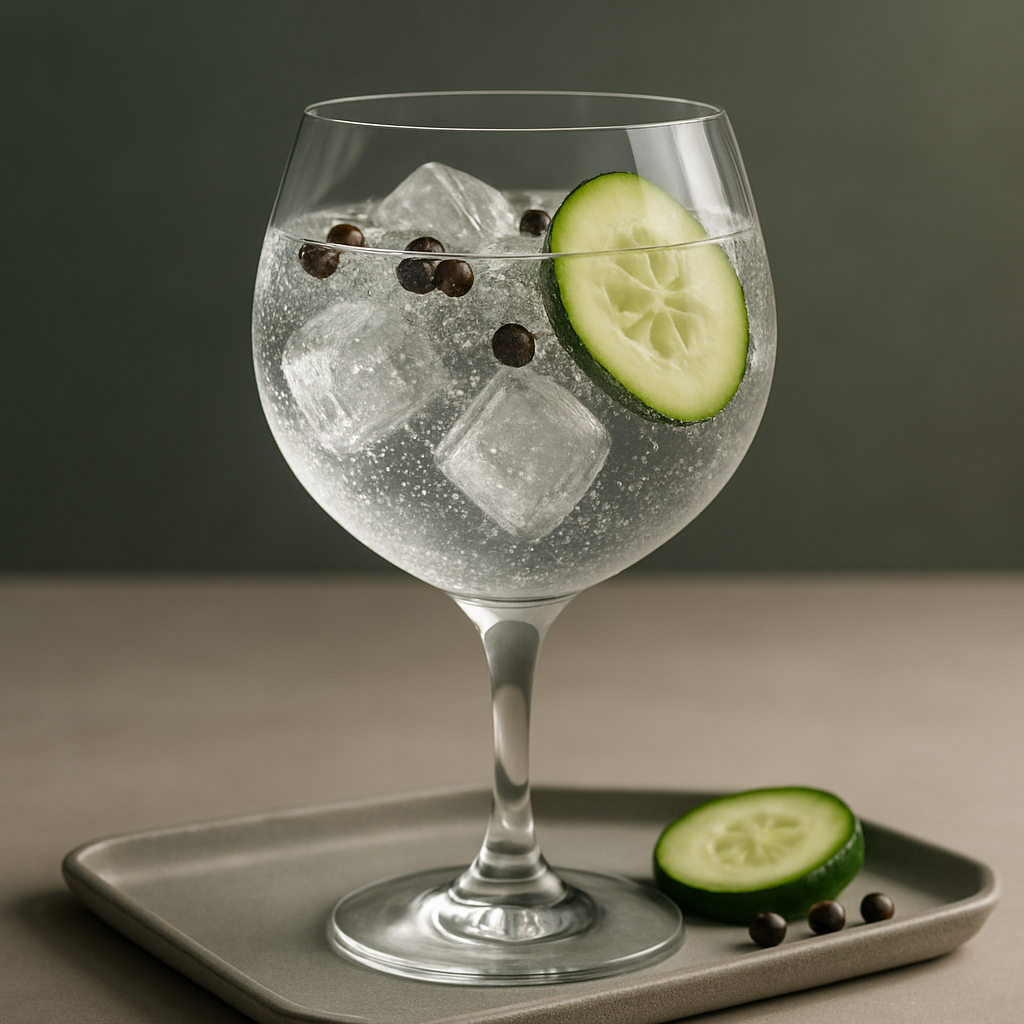 Gemblue Molitor Gin servi avec Fentimans Connoisseurs Tonic Water, agrémenté de Thin cucumber slice et Lightly toasted juniper berries