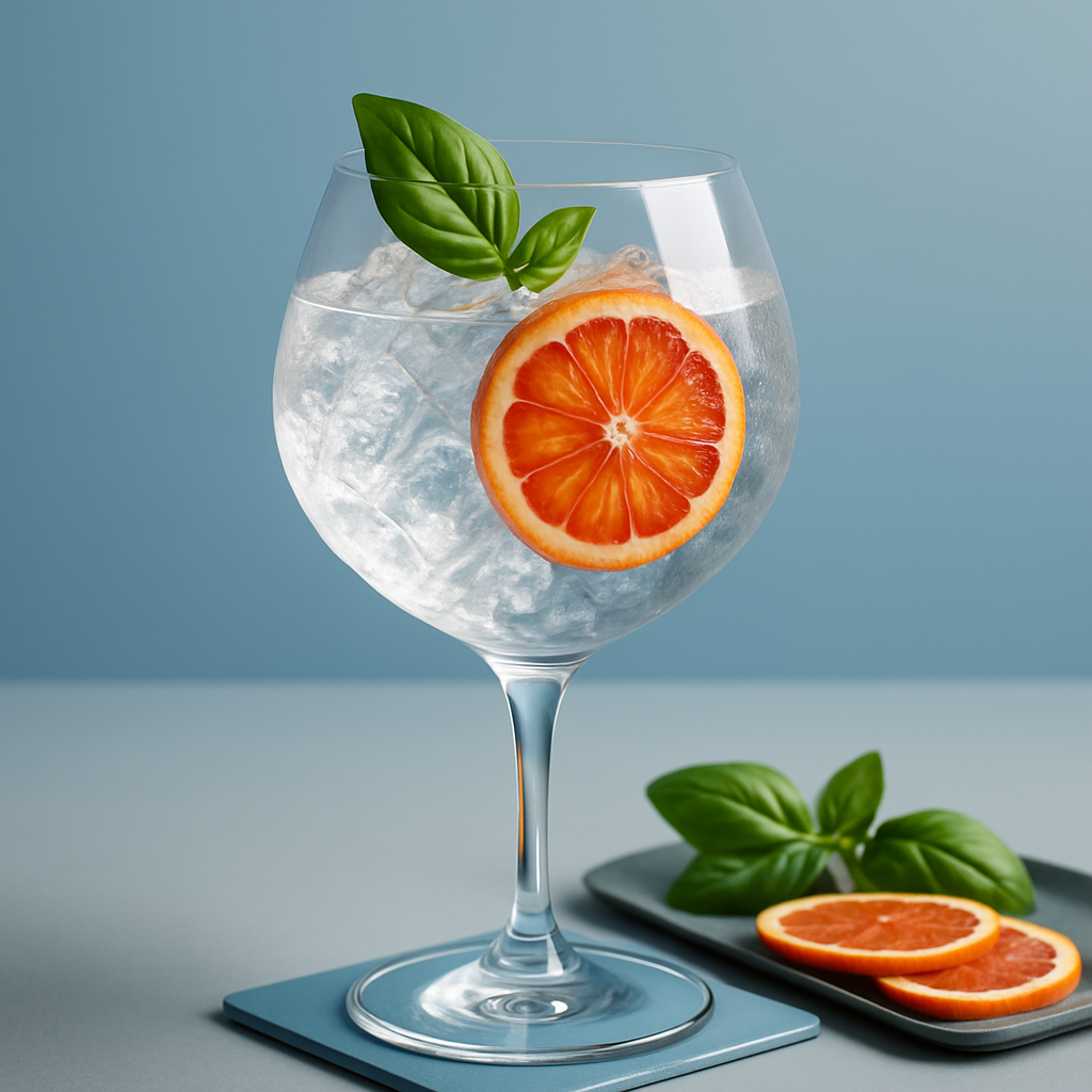 Generous Azur served with Fever-Tree Mediterranean Tonic Water, garnished with Fresh basil leaf, lightly slapped and Thin slice of blood orange