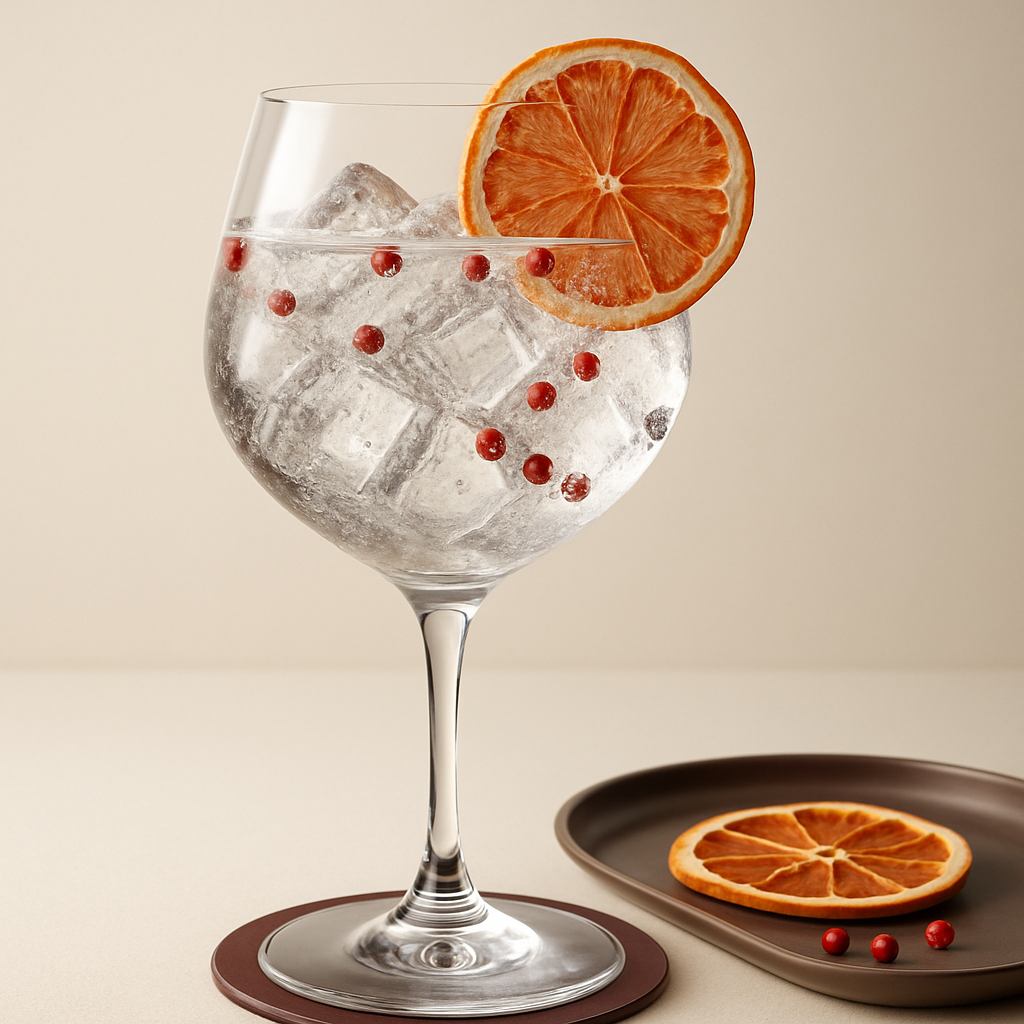 Generous Gin Purple served with Schweppes Premium Mixer Hibiscus Tonic, garnished with dehydrated grapefruit wheel and pink peppercorns