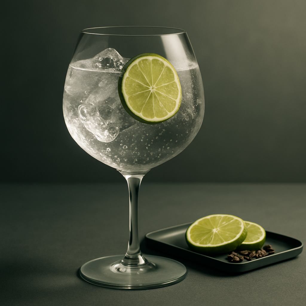 Generous Organic Gin servi avec Franklin & Sons Premium Indian Tonic Water, agrémenté de Thin slice of combava (kaffir lime)