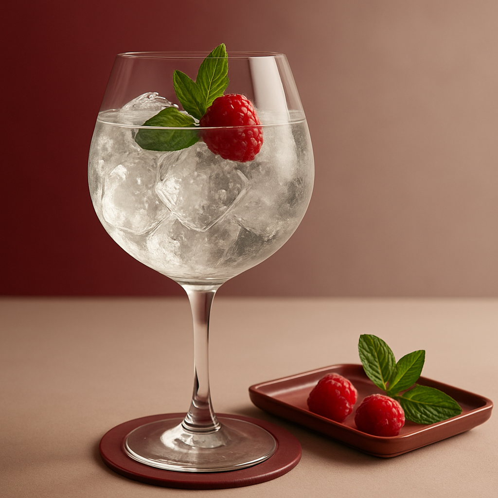Gin Agricolo Evra served with Fentimans Elderflower Tonic Water, garnished with fresh raspberry and lightly slapped mint sprig