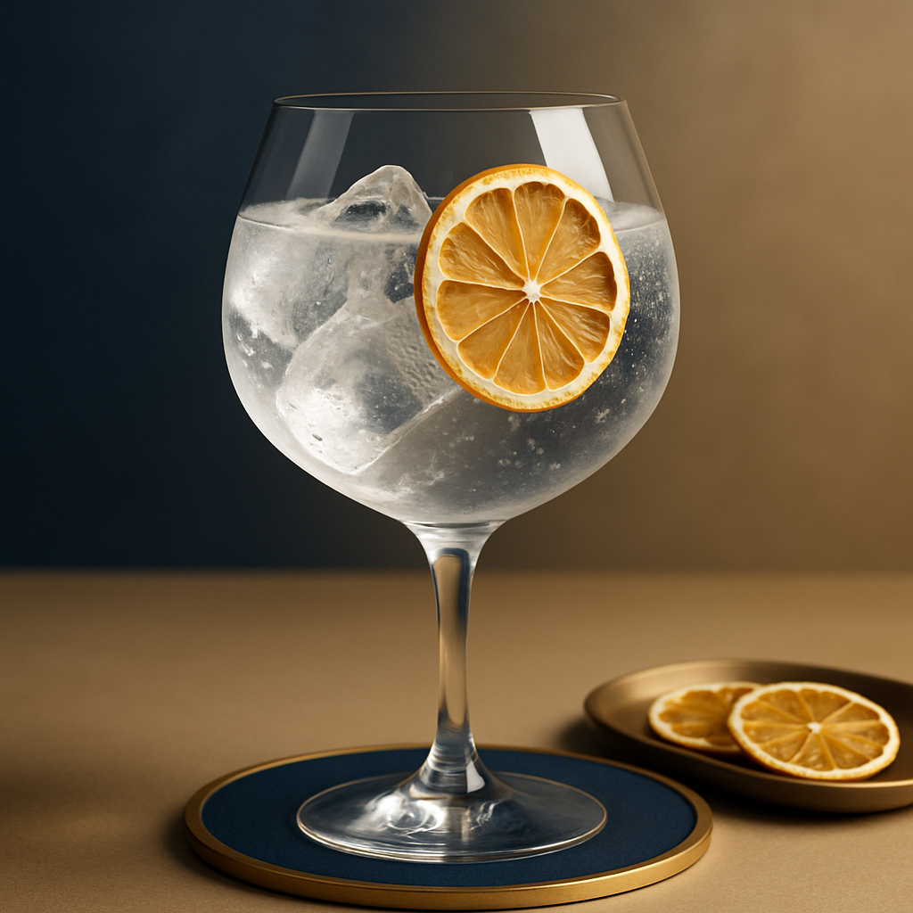 Gin de Terroir – Chardonnay served with Le Tribute Tonic Water, garnished with thin slice of dehydrated lemon