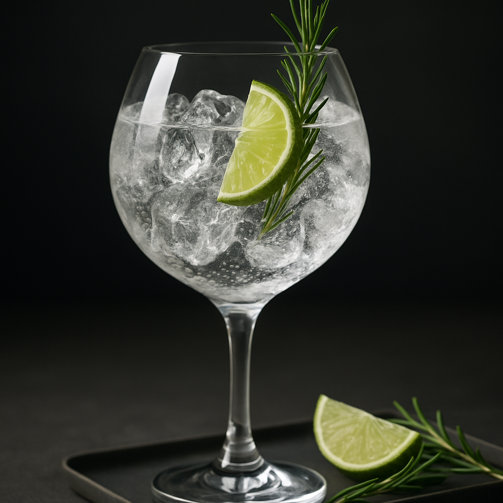 Jawbox Small Batch Export Strength served with Fever-Tree Indian Tonic Water, garnished with Lime Wedge and Rosemary Sprig