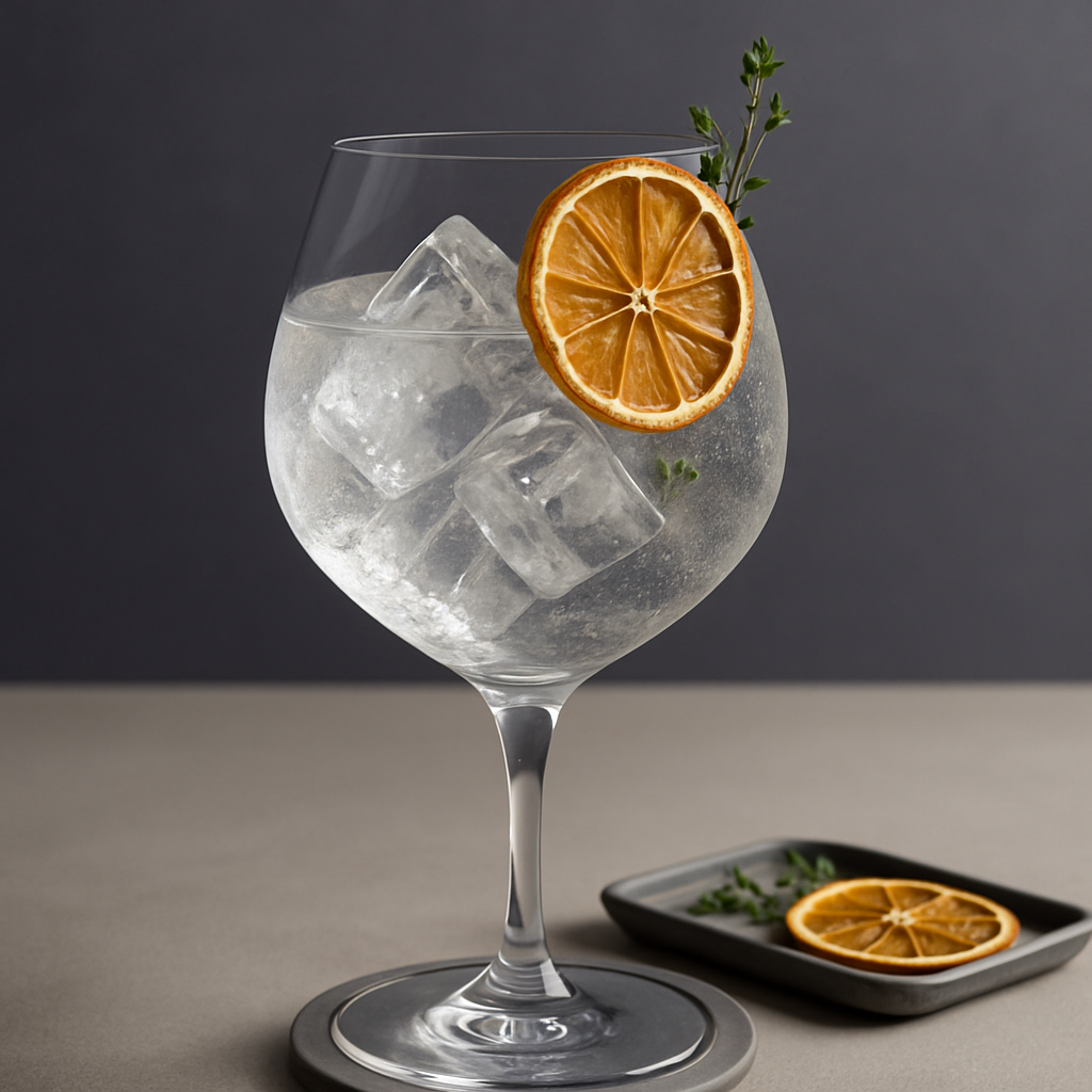Gin des Géants servi avec Fentimans Valencian Orange Tonic Water, agrémenté de dehydrated orange wheel et fresh thyme sprig