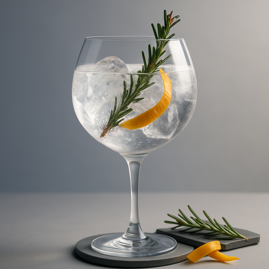 Gin Mare served with Fever-Tree Mediterranean Tonic Water, garnished with Lightly singed rosemary sprig and Thin slice of orange peel