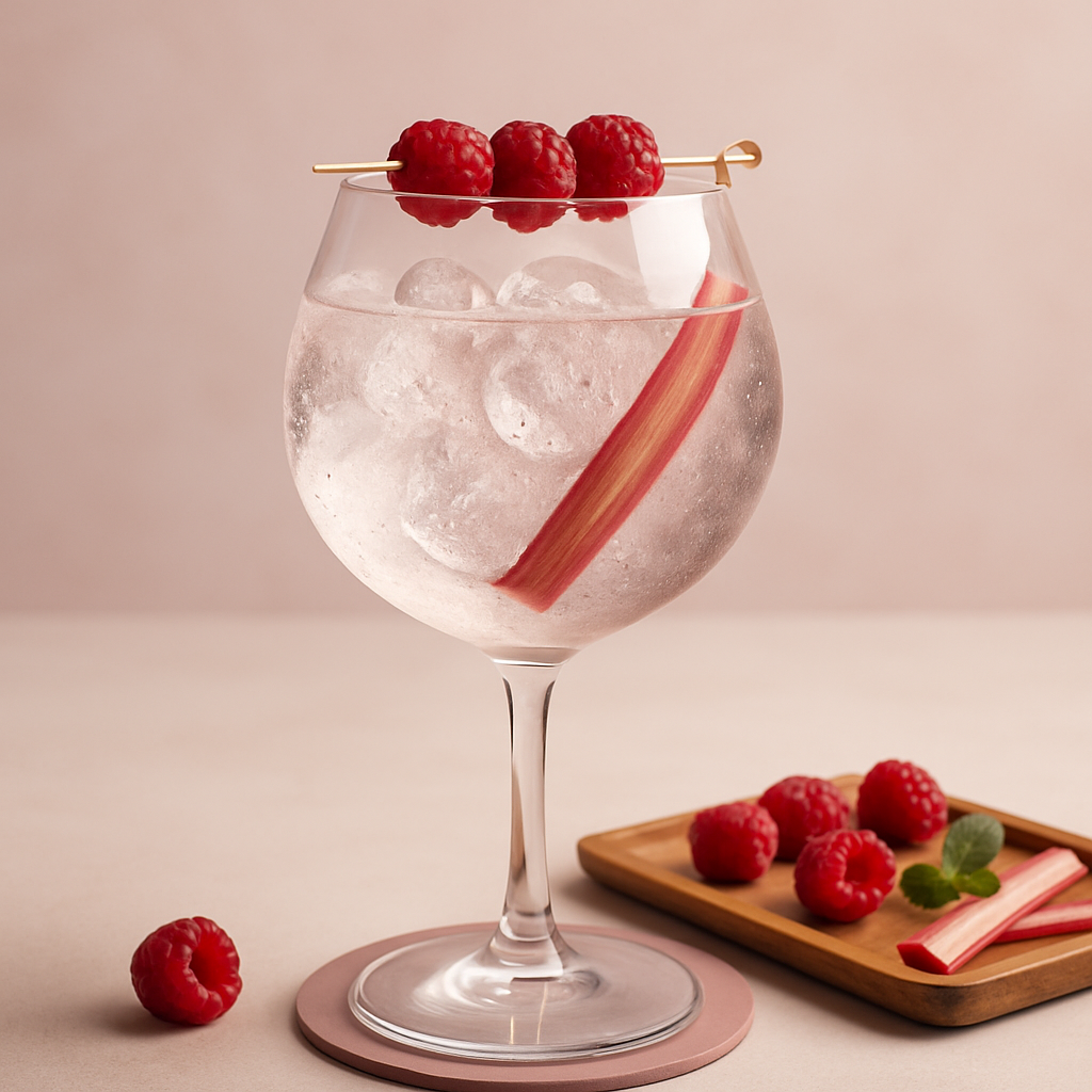 Gin Rouge served with Fentimans Pink Grapefruit Tonic Water, garnished with Skewer of fresh raspberries and thin slice of rhubarb