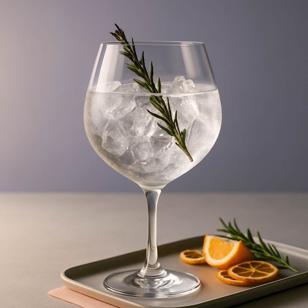 Gin T Tosolini served with Fever-Tree Mediterranean Tonic Water, garnished with Lightly singed rosemary sprig