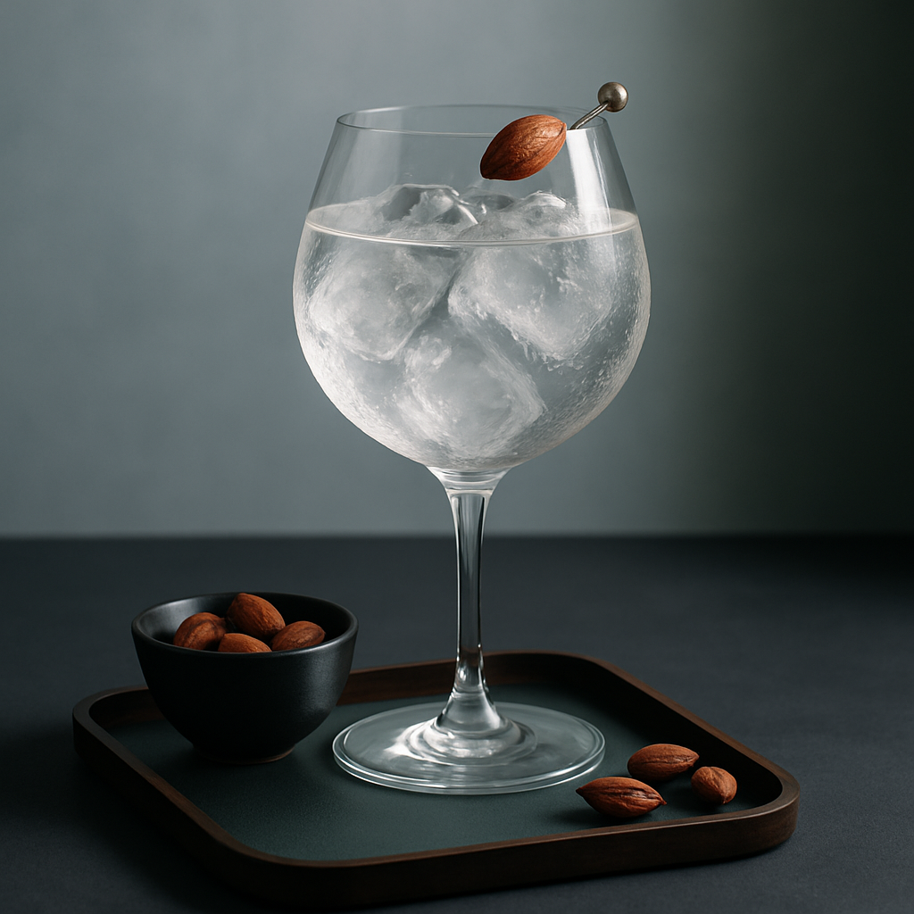 Gin Torfowy servi avec Fentimans Connoisseurs Tonic Water, agrémenté de lightly smoked almond on a cocktail pick