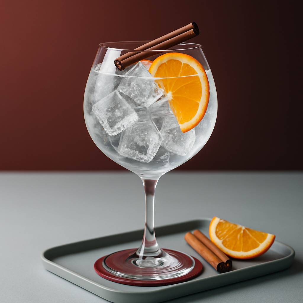 GIN ZIMOWY servi avec Fentimans Valencian Orange Tonic Water, agrémenté de lightly singed cinnamon stick et thin slice of fresh orange