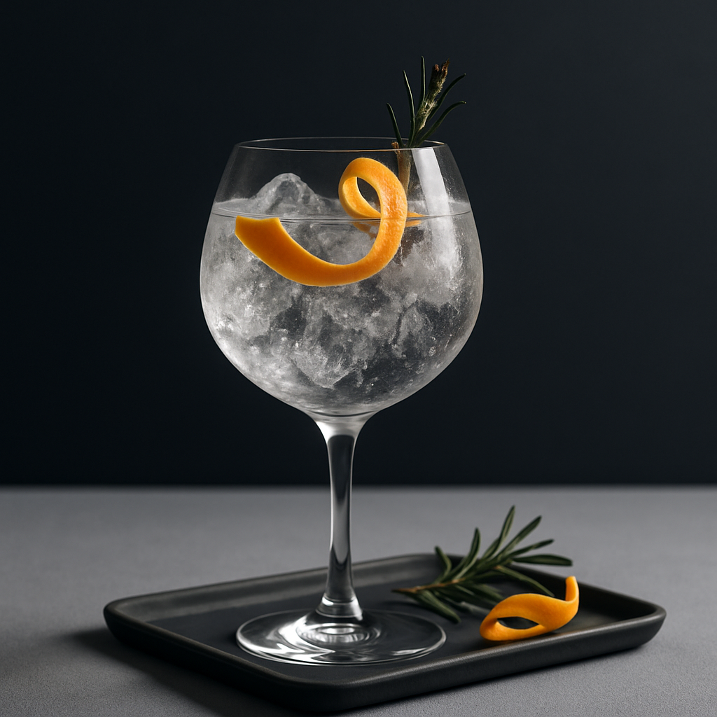 Gin'Ca served with Fever-Tree Mediterranean Tonic Water, garnished with Lightly singed rosemary sprig and Thin tangelo peel twist
