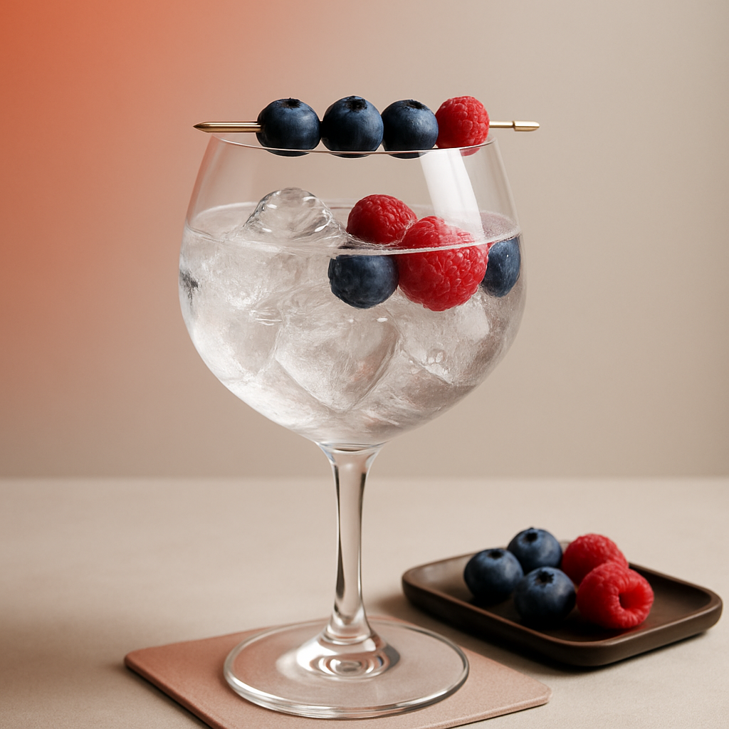 Gin'ca Berries Edition served with Fentimans Pink Grapefruit Tonic Water, garnished with Skewer of fresh blueberries and raspberries
