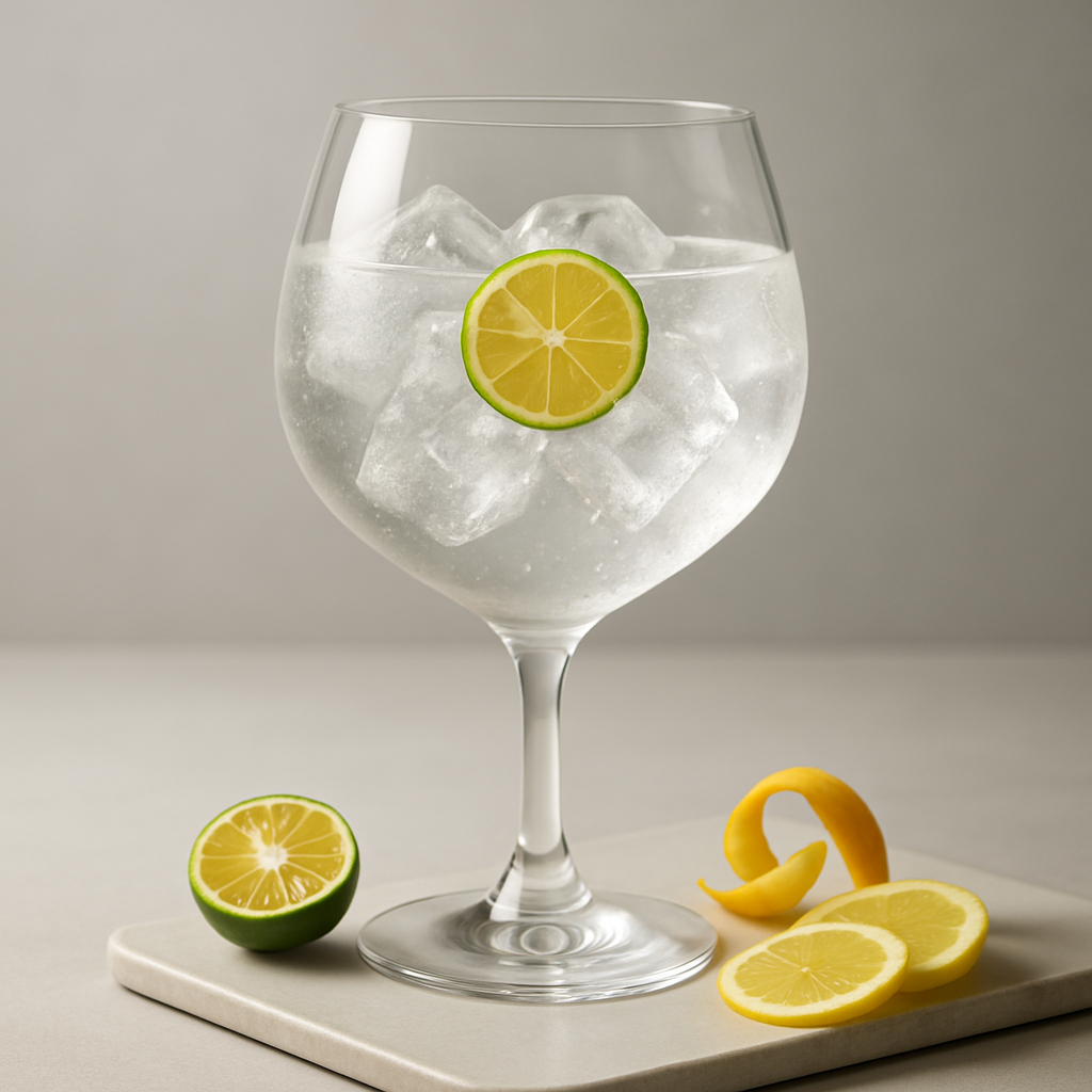 Ginebra San Miguel Gin served with East Imperial Burma Tonic Water, garnished with Thin slice of fresh calamansi