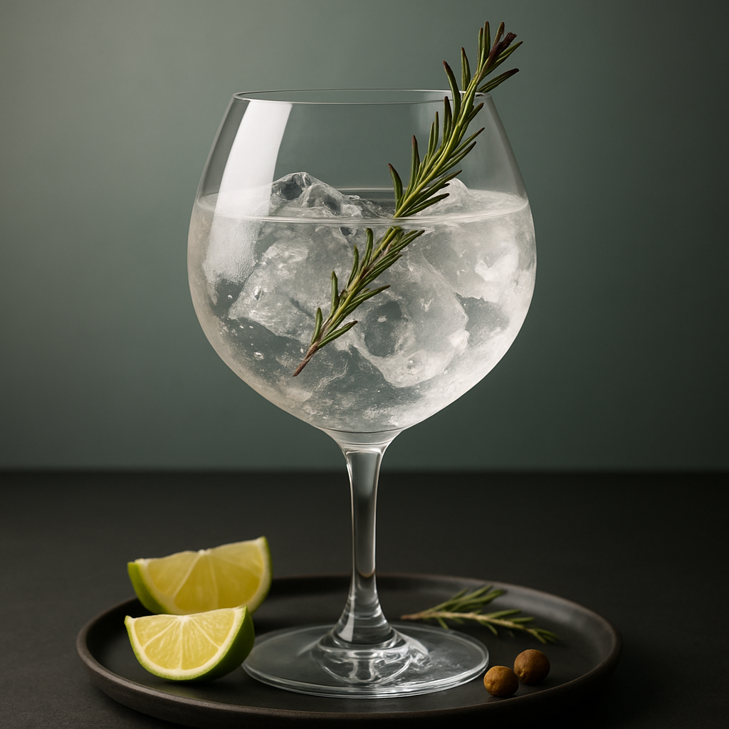 Ginetical Royal Gin served with Fever-Tree Mediterranean Tonic Water, garnished with lightly singed rosemary sprig