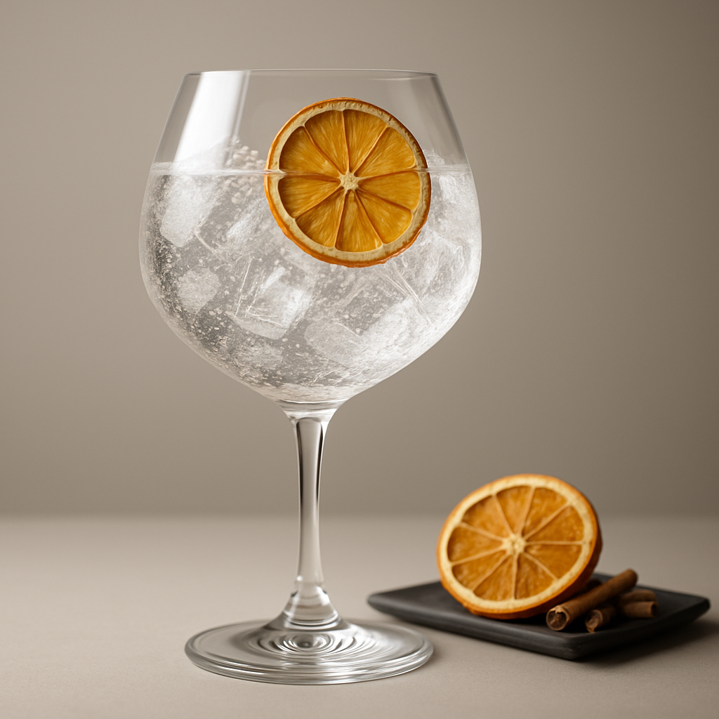 Ginuensis served with Fentimans Connoisseurs Tonic Water, garnished with thin slice of dehydrated orange wheel