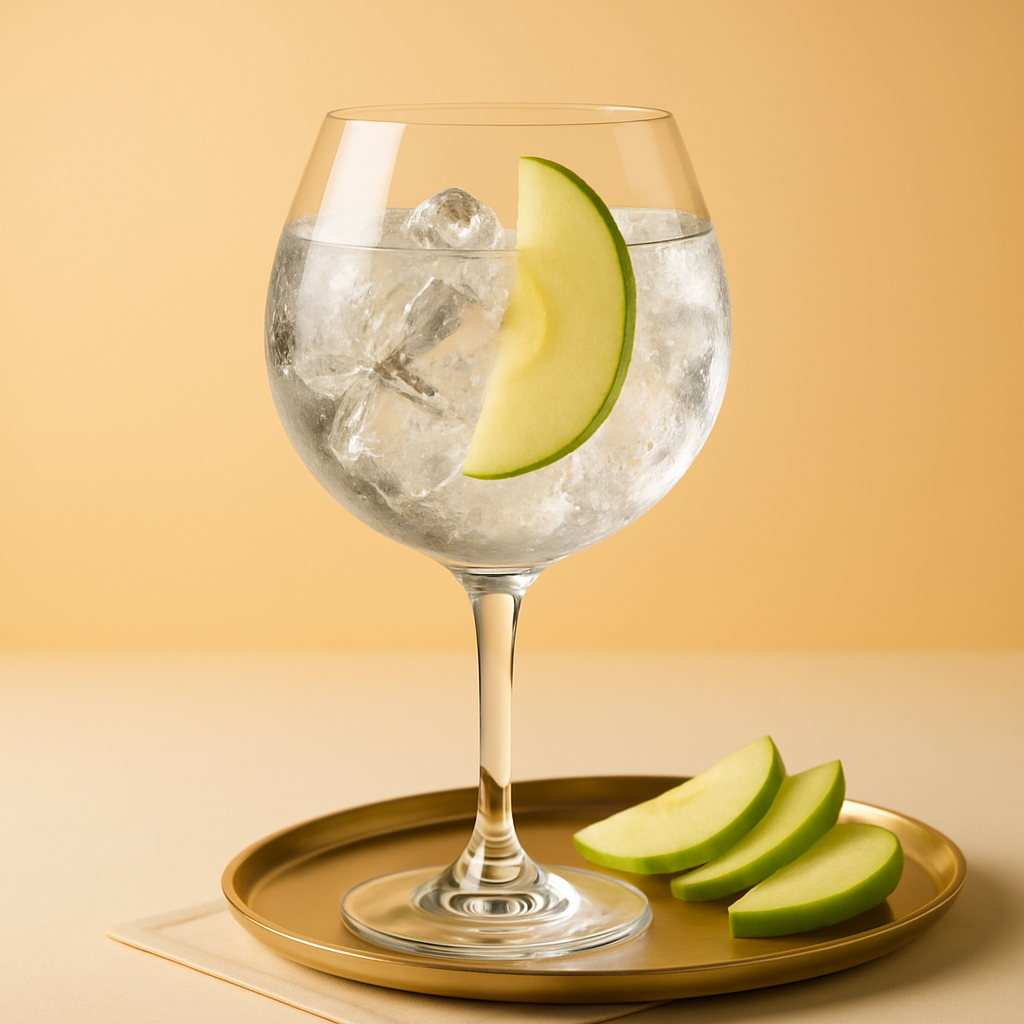 Gold 999.9 Gin served with 1724 Tonic Water, garnished with thin slice of green apple