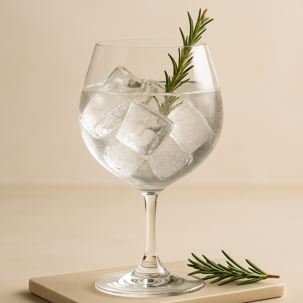 Golden Moon Gin served with Double Dutch Cucumber Watermelon Tonic, garnished with lightly singed rosemary sprig