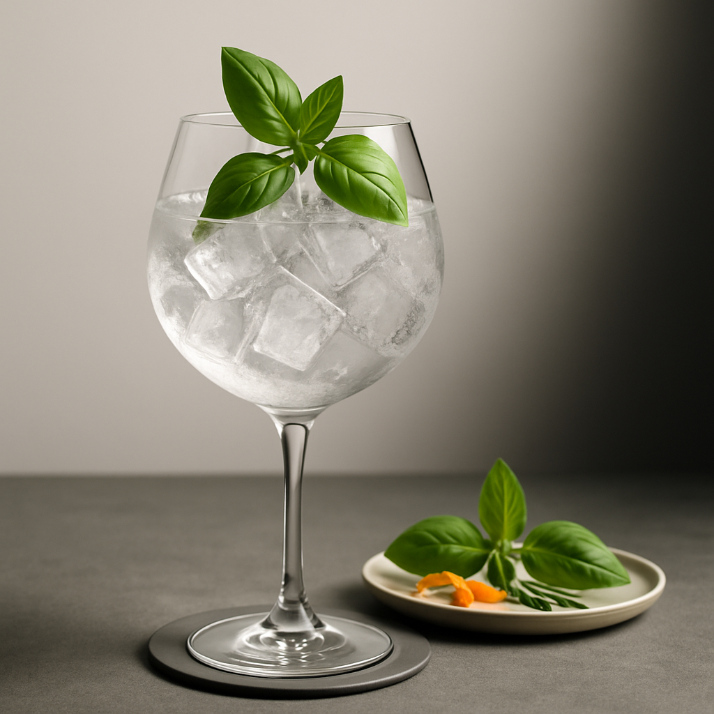 GRANIT Bavarian Gin servi avec Thomas Henry Tonic Water, agrémenté de Fresh basil sprig, gently slapped