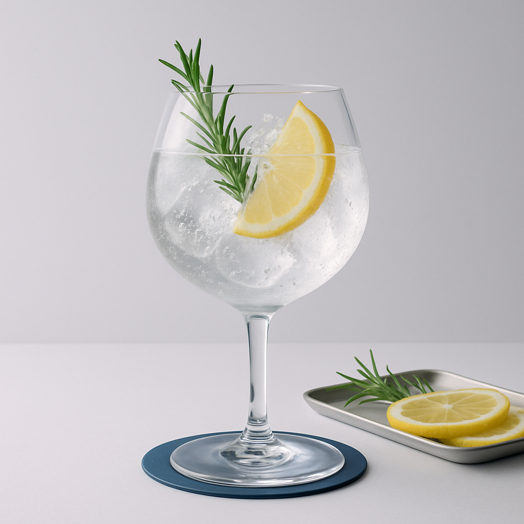H2B Gin served with Fever-Tree Mediterranean Tonic Water, garnished with thin lemon slice and fresh rosemary sprig