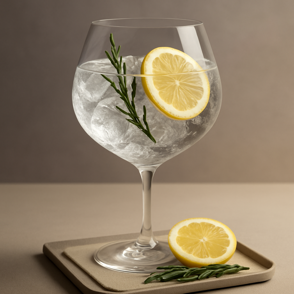 H2B Gin Citra served with Fentimans Valencian Orange Tonic Water, garnished with Thin slice of fresh lemon and Sprig of samphire