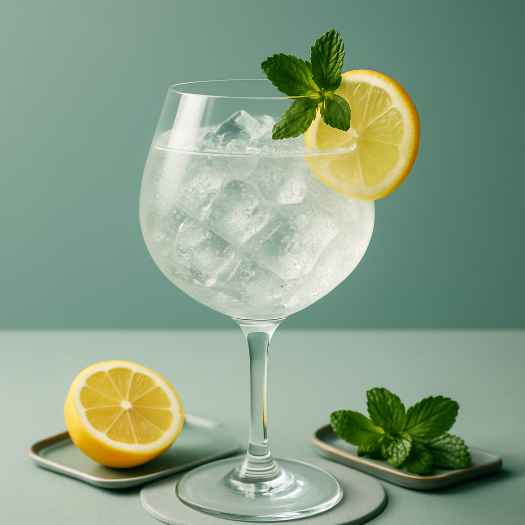 Harahorn White Lemon Gin served with Thomas Henry Bitter Lemon, garnished with thin slice of fresh lemon and sprig of mint