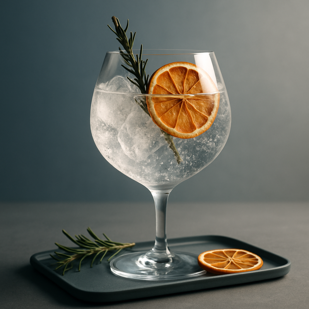 Heritage Baltic Gin servi avec Fentimans Valencian Orange Tonic Water, agrémenté de lightly singed rosemary sprig et thin slice of dehydrated orange