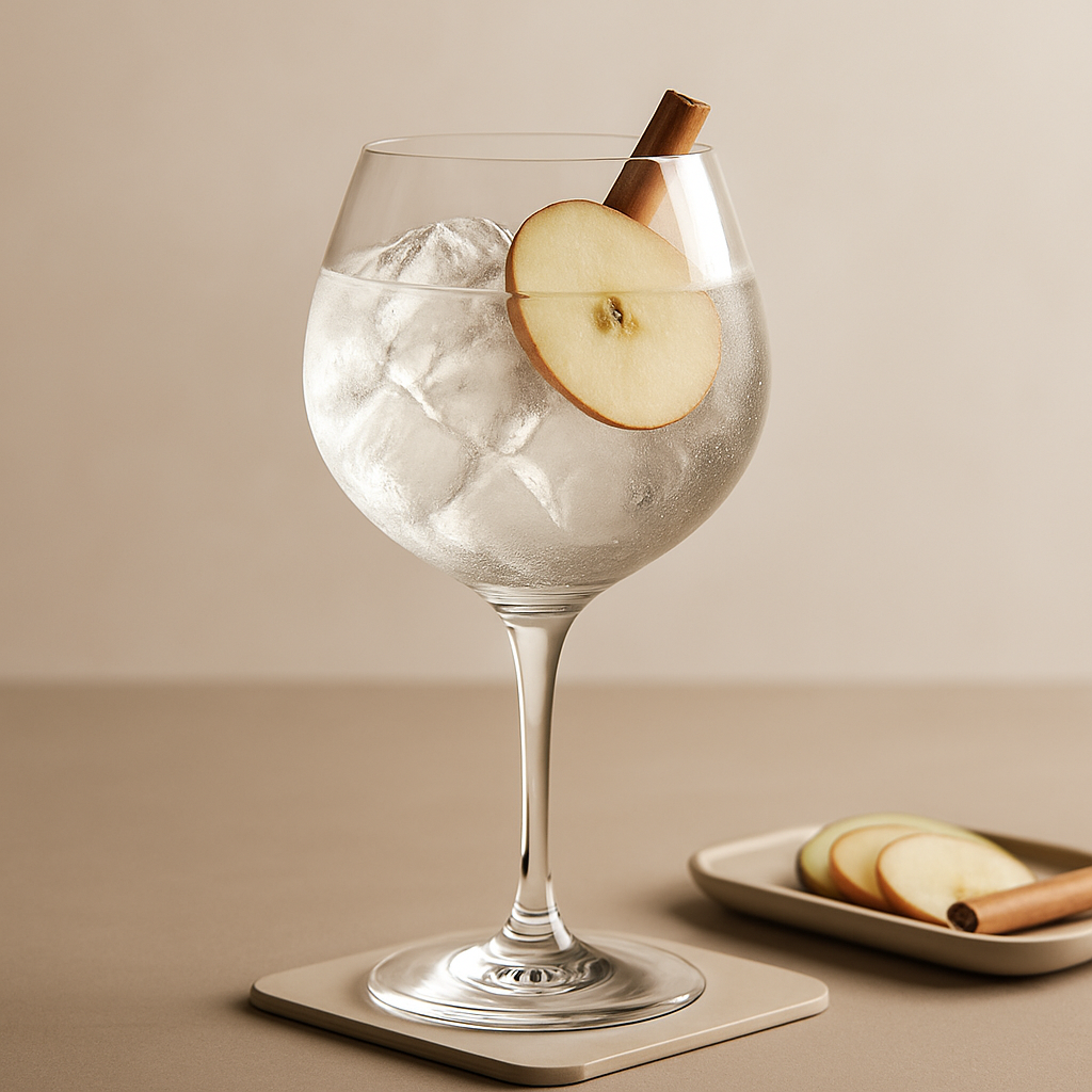 Heritage Magnolia Gin served with Fever-Tree Elderflower Tonic Water, garnished with thin slice of fresh apple and lightly singed cinnamon stick