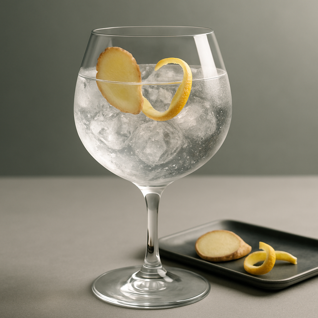Hofland London Dry Gin served with Fentimans Premium Indian Tonic Water, garnished with thin slice of fresh ginger and twist of lemon peel
