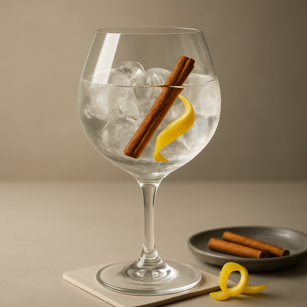 HTK Belgian Dry Gin servi avec Thomas Henry Dry Tonic, agrémenté de lemon zest twist et cinnamon stick
