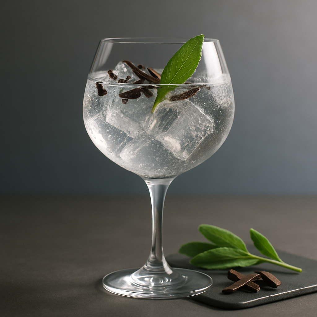 Hundred Gin Infinity served with Fever-Tree Mediterranean Tonic Water, garnished with Fresh sage leaf and Dark chocolate shavings