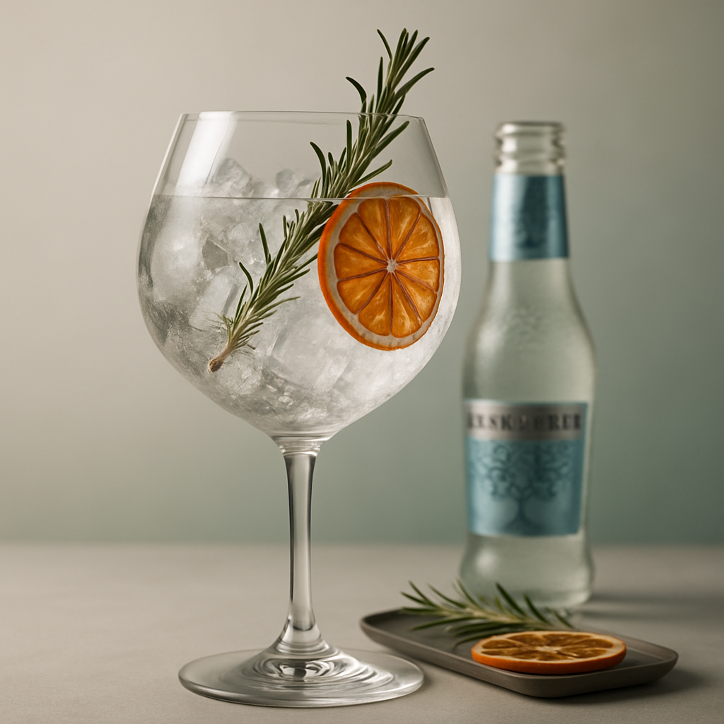 Ionico Gin Marino served with Fever-Tree Mediterranean Tonic Water, garnished with Lightly singed rosemary sprig and Thin slice of dehydrated orange