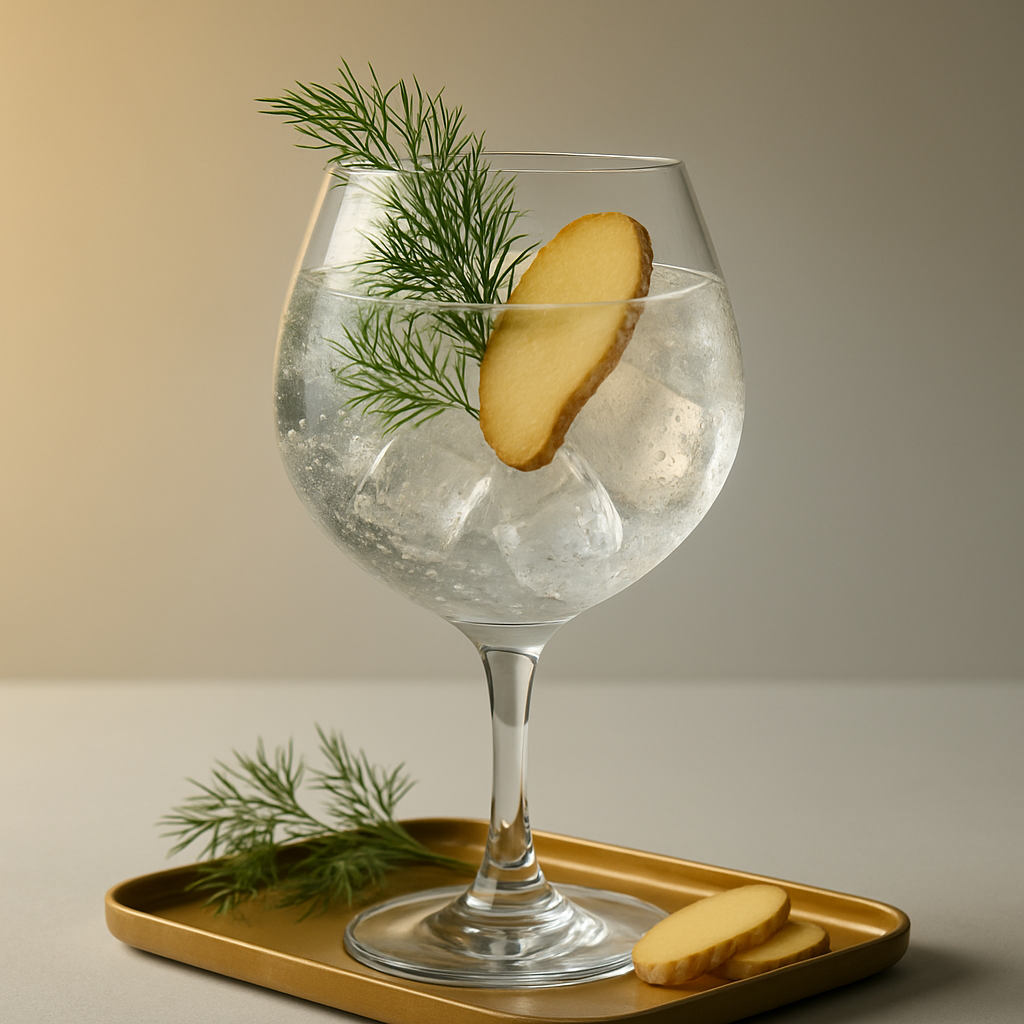 J.A. Baczewski Dry Gin servi avec Fever-Tree Mediterranean Tonic Water, agrémenté de thin slice of fresh ginger et sprig of dill