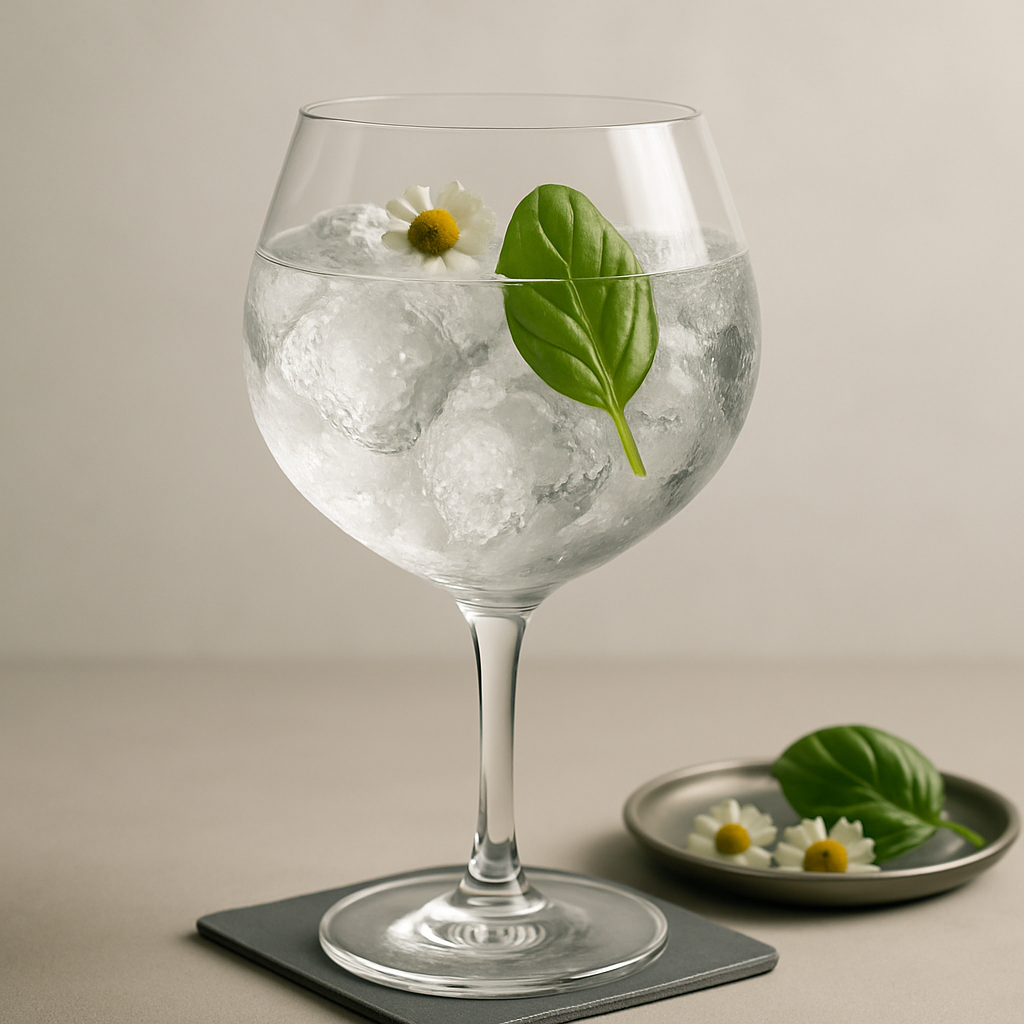 Jin Jiji India Dry Gin served with East Imperial Burma Tonic Water, garnished with Chamomile flower and Fresh basil leaf