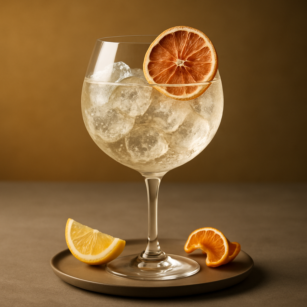 Jodhpur Reserve served with Fentimans Premium Indian Tonic Water, garnished with dehydrated grapefruit wheel