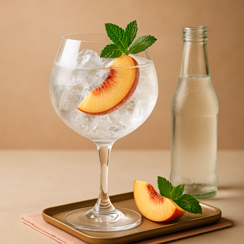 June by G'Vine Wild Peach & Summer Fruits servi avec Fever-Tree Elderflower Tonic Water, agrémenté de Fresh peach slice et Mint sprig