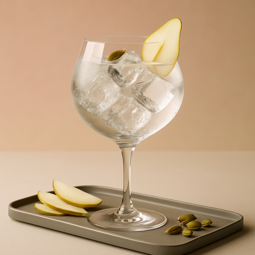 June Royal Pear & Cardamom servi avec Thomas Henry Botanical Tonic, agrémenté de thin slice of fresh pear et lightly crushed cardamom pod