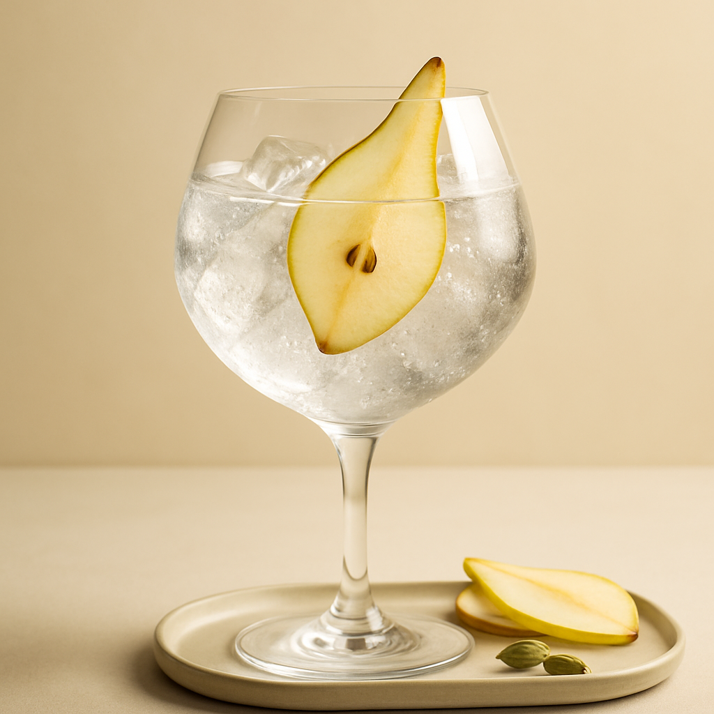 June Royal Pear Cardamom served with The London Essence Company Original Indian Tonic Water, garnished with thin slice of fresh pear and lightly crushed cardamom pod