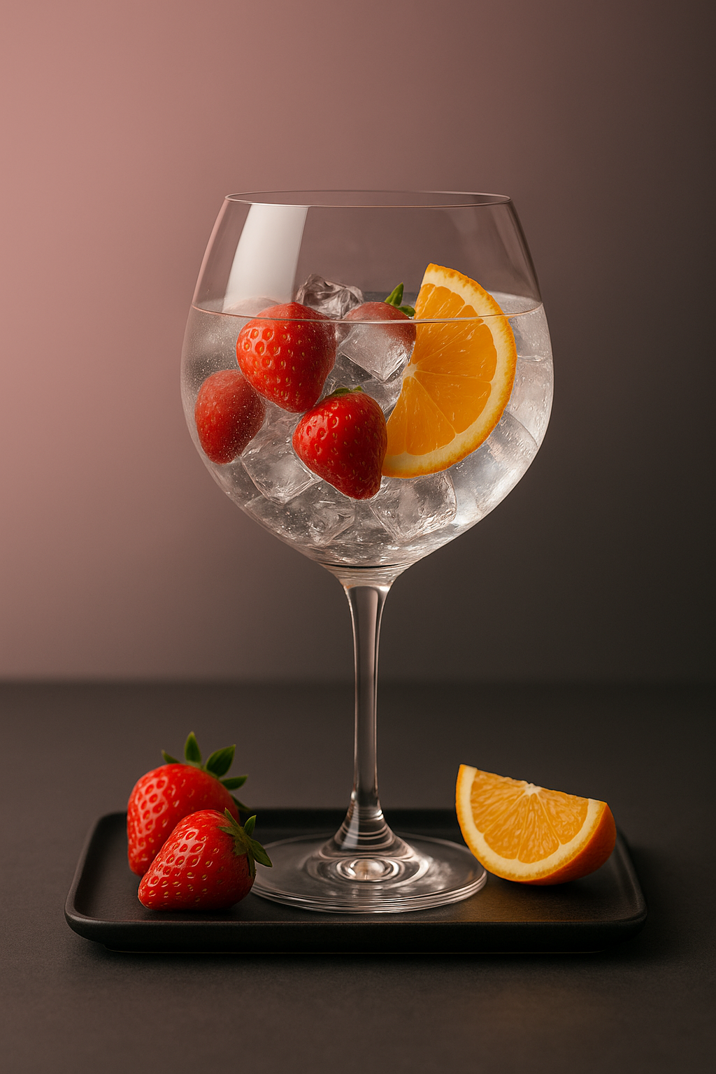 Sikkim Fraise Distilled Gin served with Galvanina Yellow Grapefruit Tonic, garnished with Orange Slice and Fresh Strawberries
