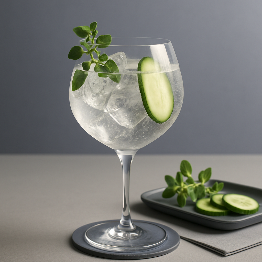 Juniper Bird Schiedam Dry Gin servi avec Thomas Henry Botanical Tonic, agrémenté de Fresh oregano sprig, lightly bruised et Thin slice of cucumber