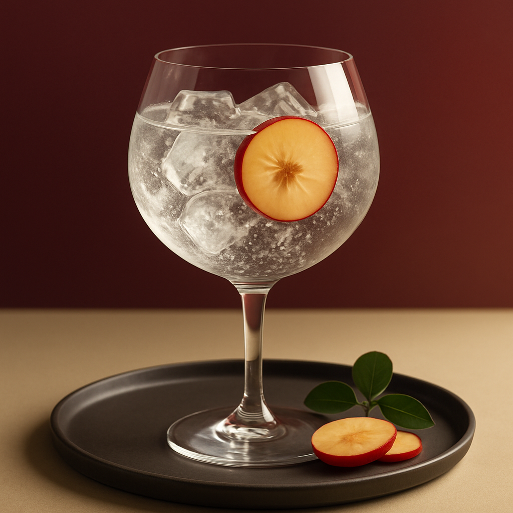 KI NO BAI served with Fever-Tree Elderflower Tonic Water, garnished with thin slice of fresh ume plum
