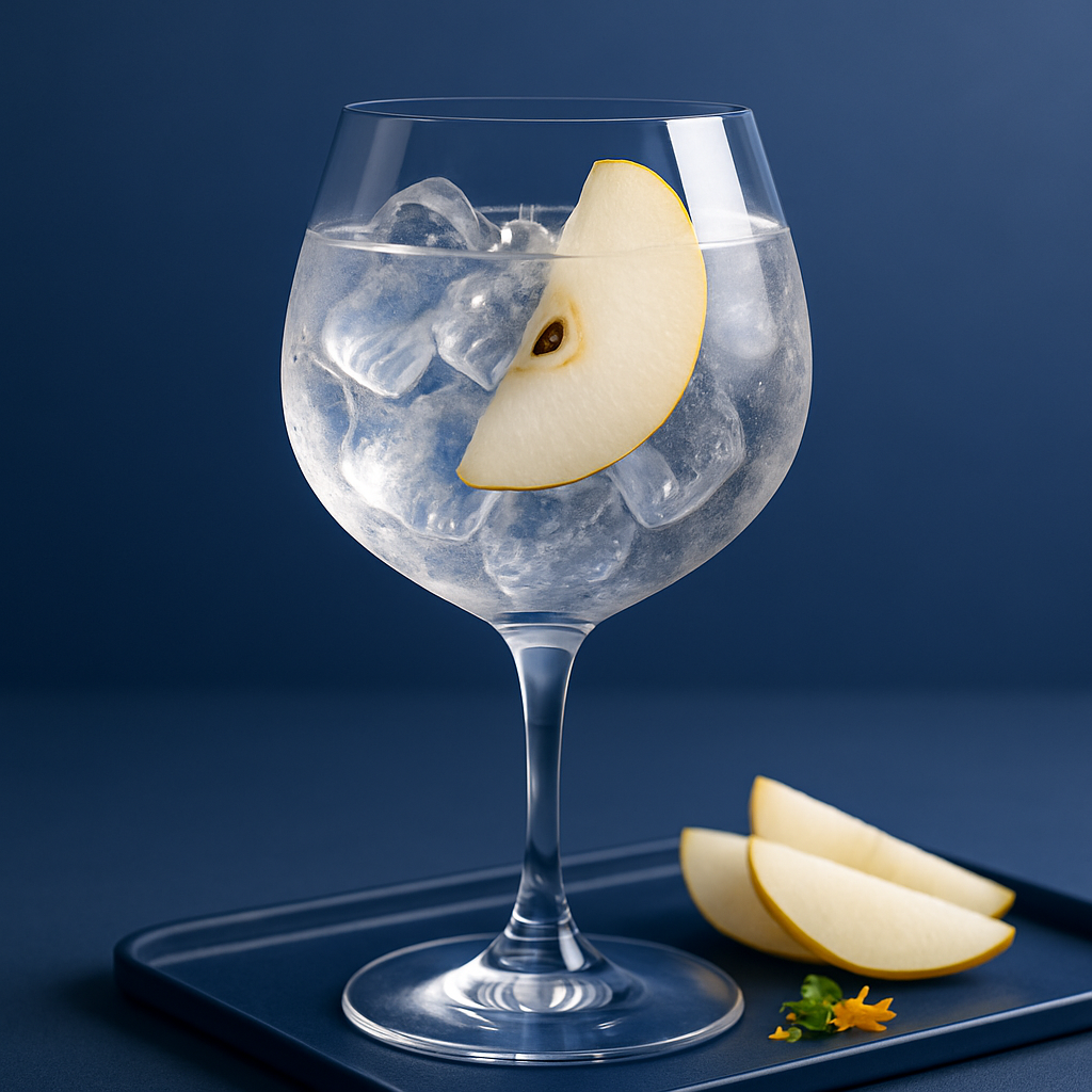 Ki No Bi Sei served with Fever-Tree Indian Tonic Water, garnished with thin slice of nashi pear