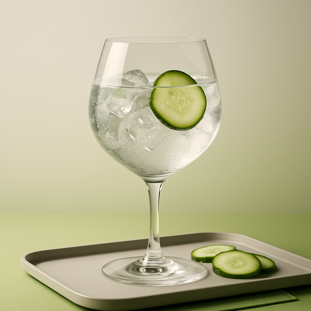 KI NO TEA servi avec Fever-Tree Elderflower Tonic Water, agrémenté de thin slice of fresh cucumber