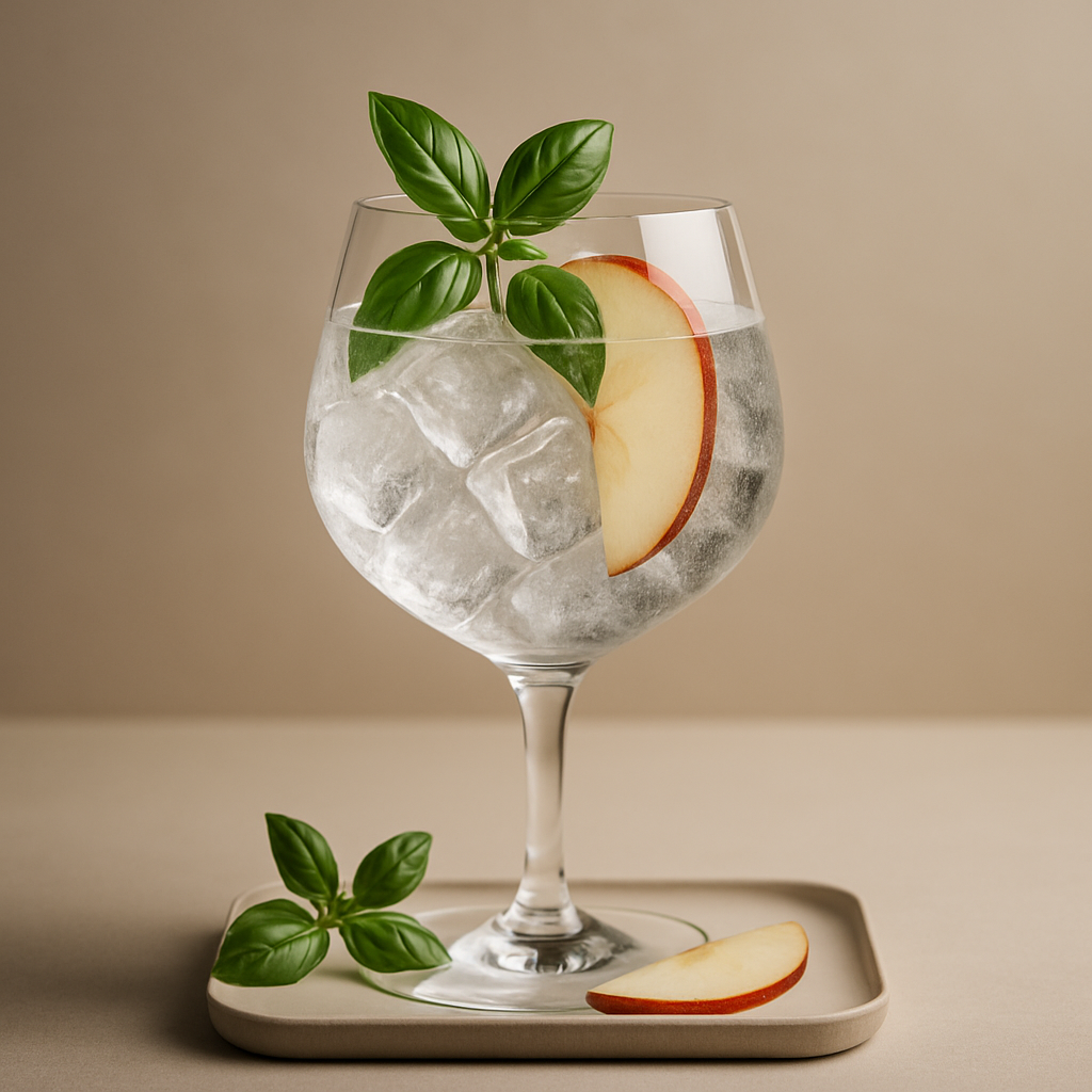 Knut Hansen Dry Gin servi avec Thomas Henry Tonic Water, agrémenté de Thin slice of fresh apple et Sprig of basil