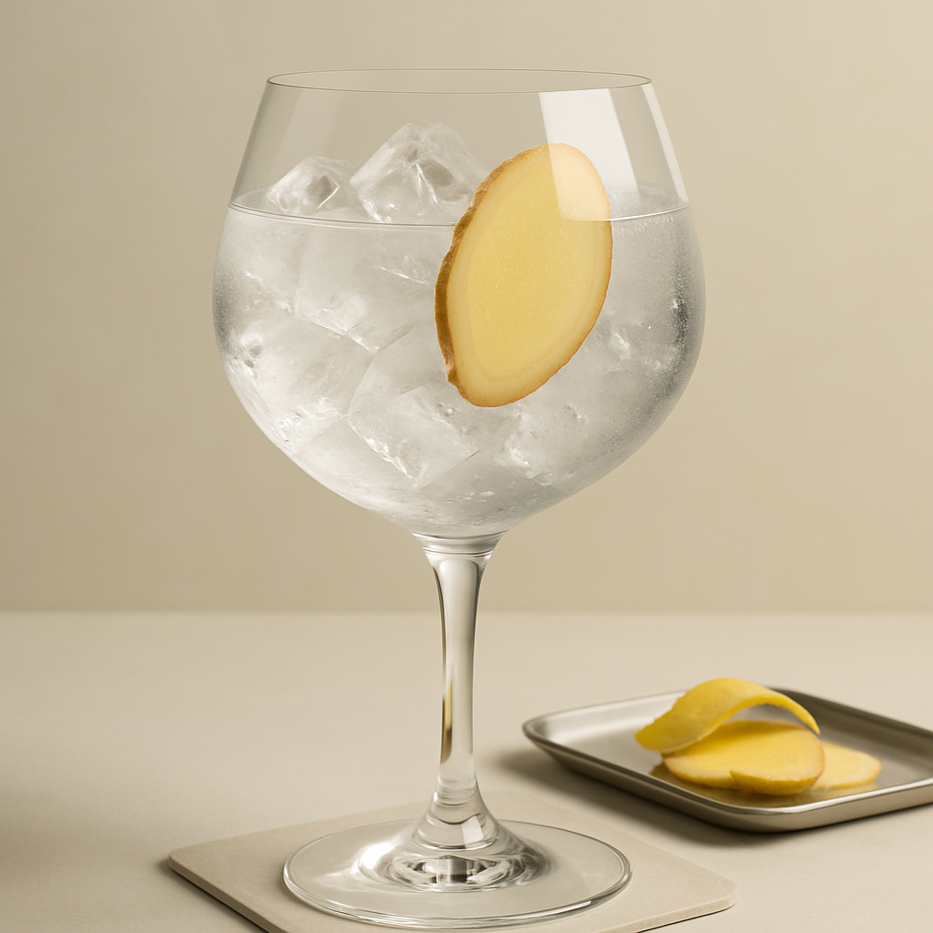 Kokoro Gin Yuzu & Ginger Liqueur served with Alchemy & Tonic Yuzu & Lemongrass Tonic Water, garnished with thin slice of fresh ginger