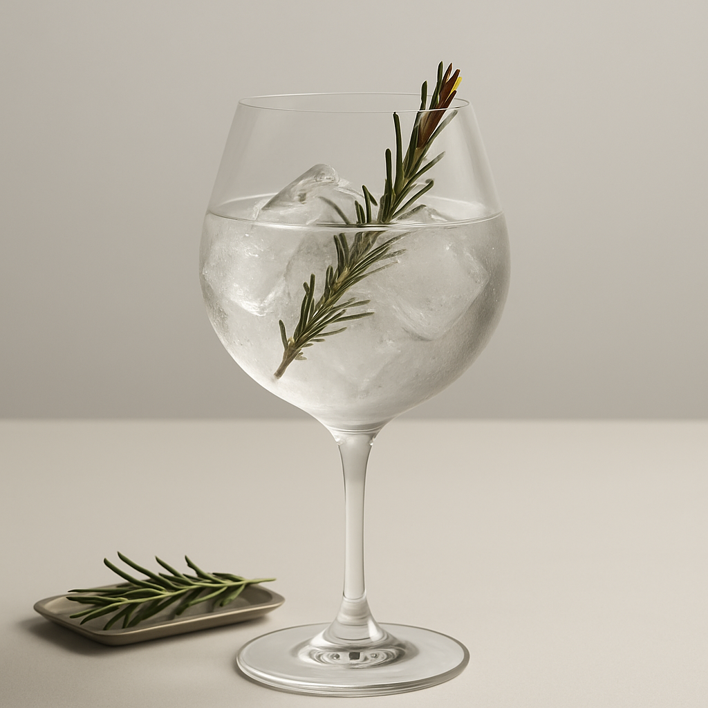 Kozue served with East Imperial Burma Tonic Water, garnished with lightly singed rosemary sprig