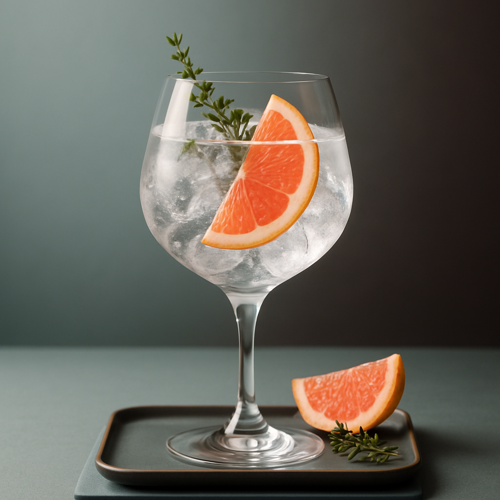 La Roche Sauvage served with Fever-Tree Mediterranean Tonic Water, garnished with Fresh thyme sprig, lightly bruised and Thin slice of pink grapefruit