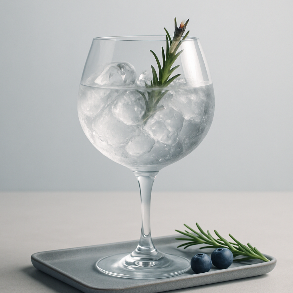 Lake Balaton Gin served with &T Blueberry Tonic Water, garnished with Lightly singed fresh rosemary sprig