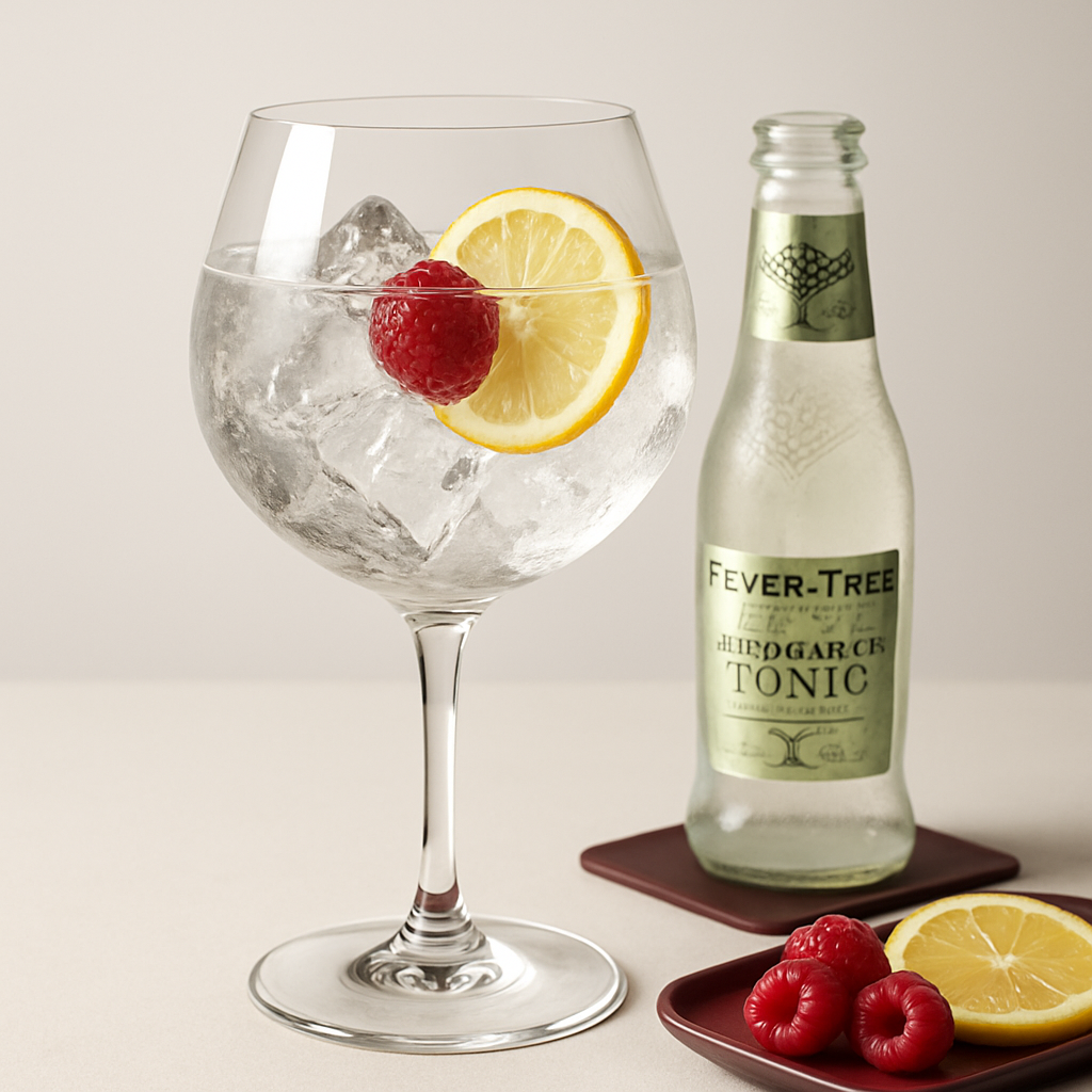 Le Gin Carmina served with Fever-Tree Elderflower Tonic Water, garnished with fresh raspberry and thin lemon wheel