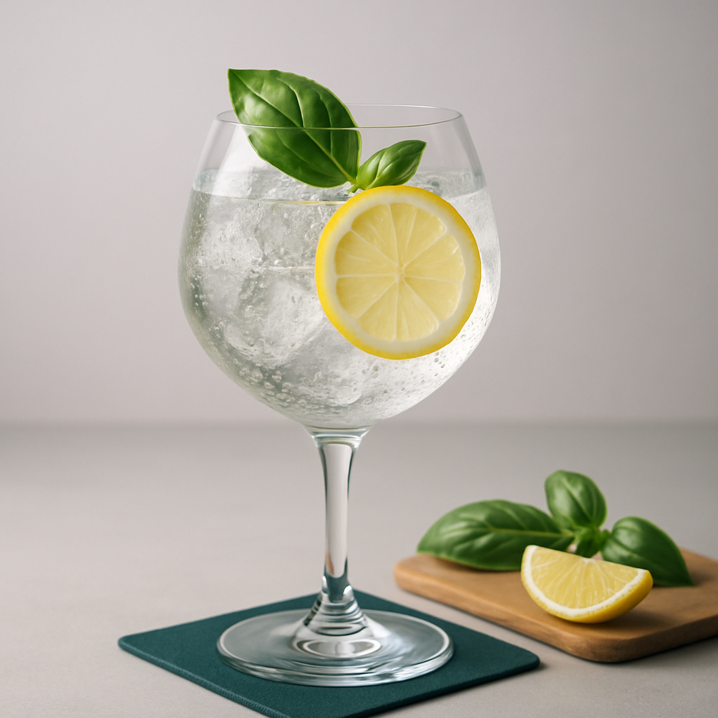 Las Californias Nativo served with Fever-Tree Mediterranean Tonic Water, garnished with fresh basil leaf and thin slice of lemon